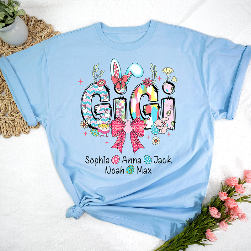 Personalized Gigi Easter Shirt with Grandkids Names, Cute Bunny Spring Family Tee Easter Gift for Grandma