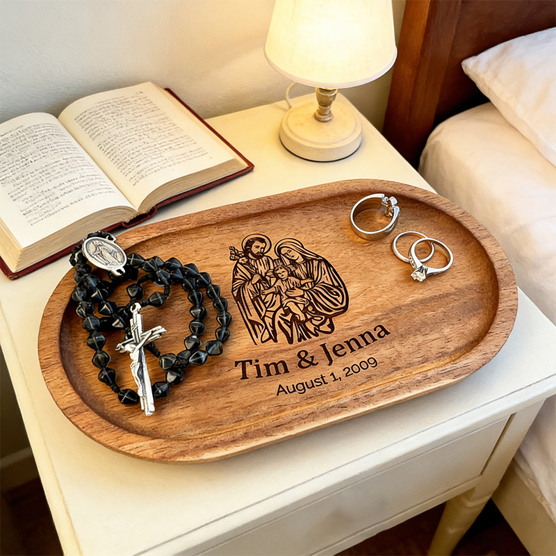 Personalized Holy Family Wooden Rosary Tray Jewelry Holder with Custom Name and Date Religious Gift Anniversary Wedding Gift Catholic Gift