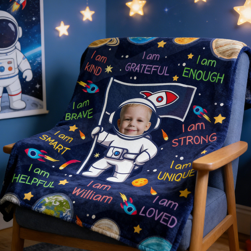 Personalized Cute Astronaut Galaxy Photo Name Throw Blanket with Positive Affirmations Phrase Birthday Gift for Geek Lover