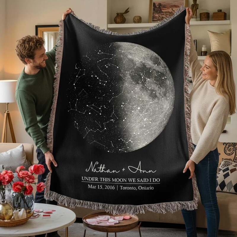 Personalized Star Map Moon Phase Soft Throw Blanket with Name Title Date and Location Home Decor Valentine's Day Wedding Anniversary Gift for Couple Geek Lover