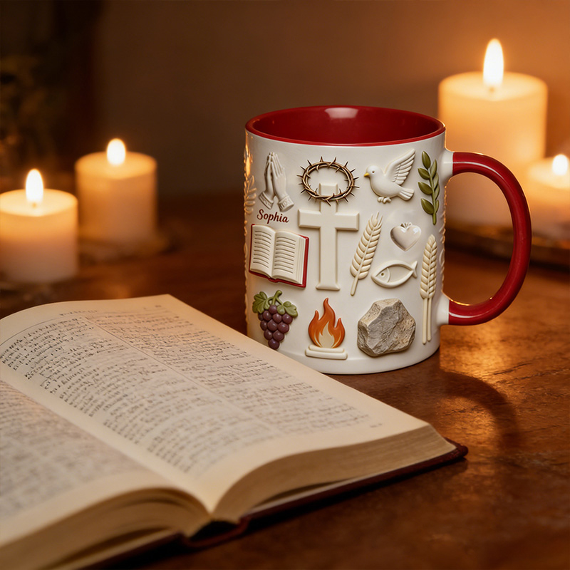 Personalized Faith over Fear 11oz Ceramic Mug with Name Cross Bible Prayer Hand 3D Coffee Cup Religious Gift for Christians