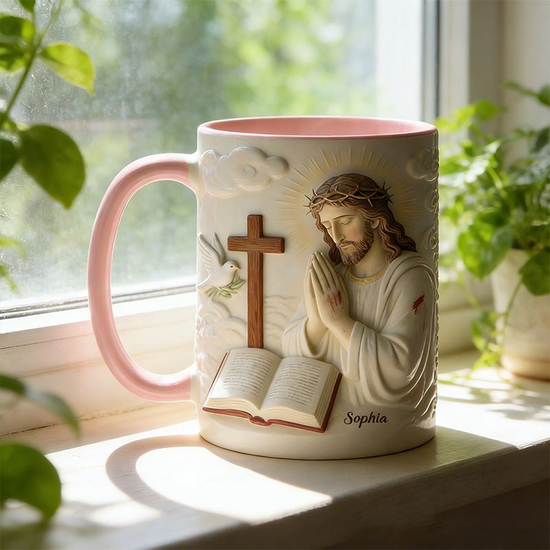 Personalized Jesus Pray 11oz Ceramic Mug with Custom Name 3D Design Coffee Cup Religious Gift Faith Gift for Christians