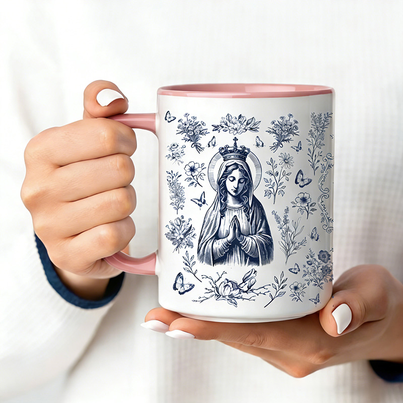 Personalized Virgin Mary Toile 11oz Ceramic Mug with Name Our Lady Mug Vintage Floral Marian Coffee Cup Catholic Christian Gift for her