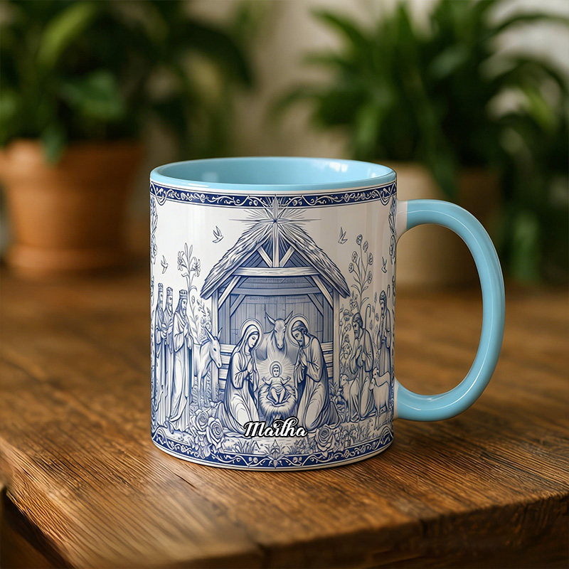 Personalized Nativity Scene 11oz Ceramic Mug with Custom Name Catholic Faith Coffee Cup Religious Gift Christian Gift 
