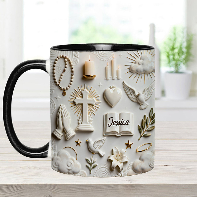 Personalized Cross Bible Dove 11oz Ceramic Mug with Name Prayer Hand 3D Coffee Cup Religious Gift Faith Gift for Christians