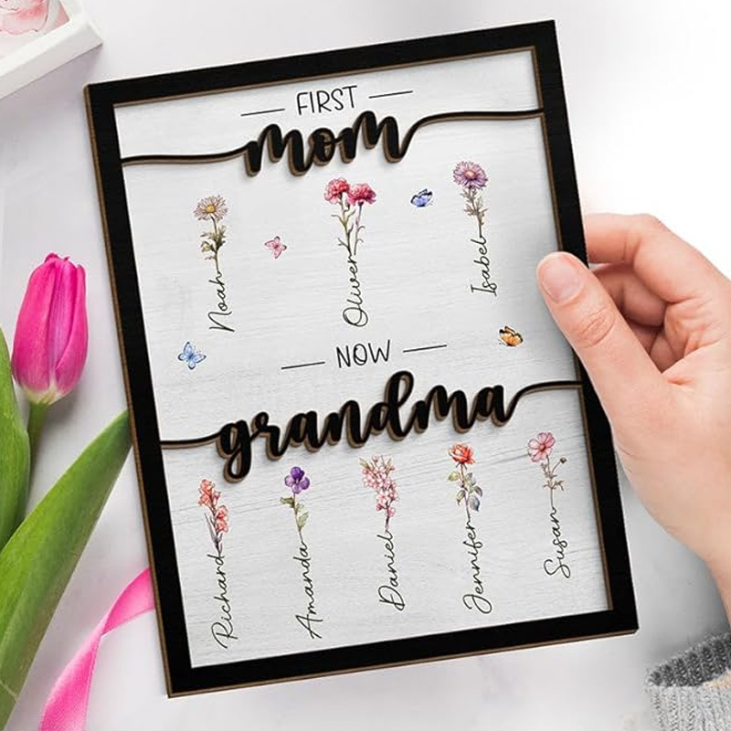 Personalized Birth Month Flower First Mom Now Grandma Custom Two-layer Wooden Plaque Gift for Grandma Grandparent Mother's Day Birthday