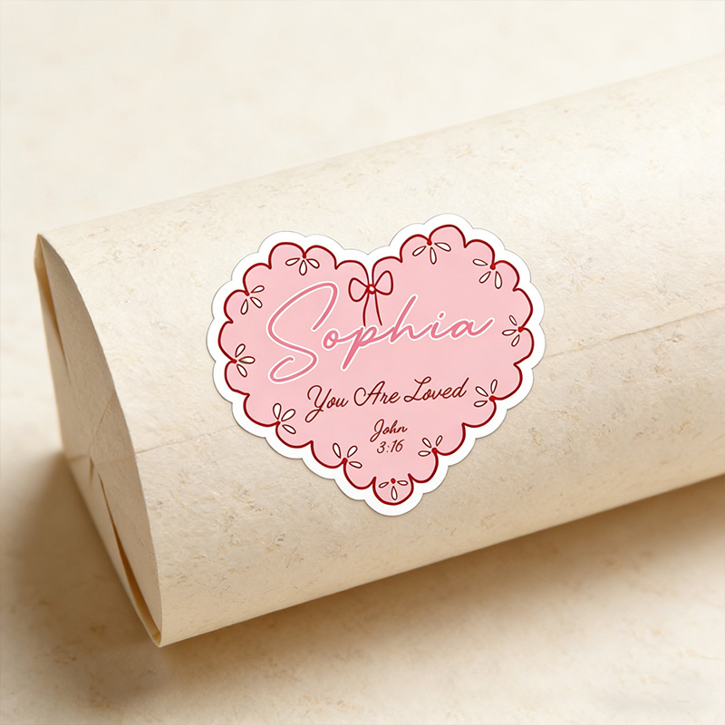 Personalized Pink Bow Heart you are Loved Bible Verse Stickers with Name Religious Gift Valentine's Day Gift for Couple Woman