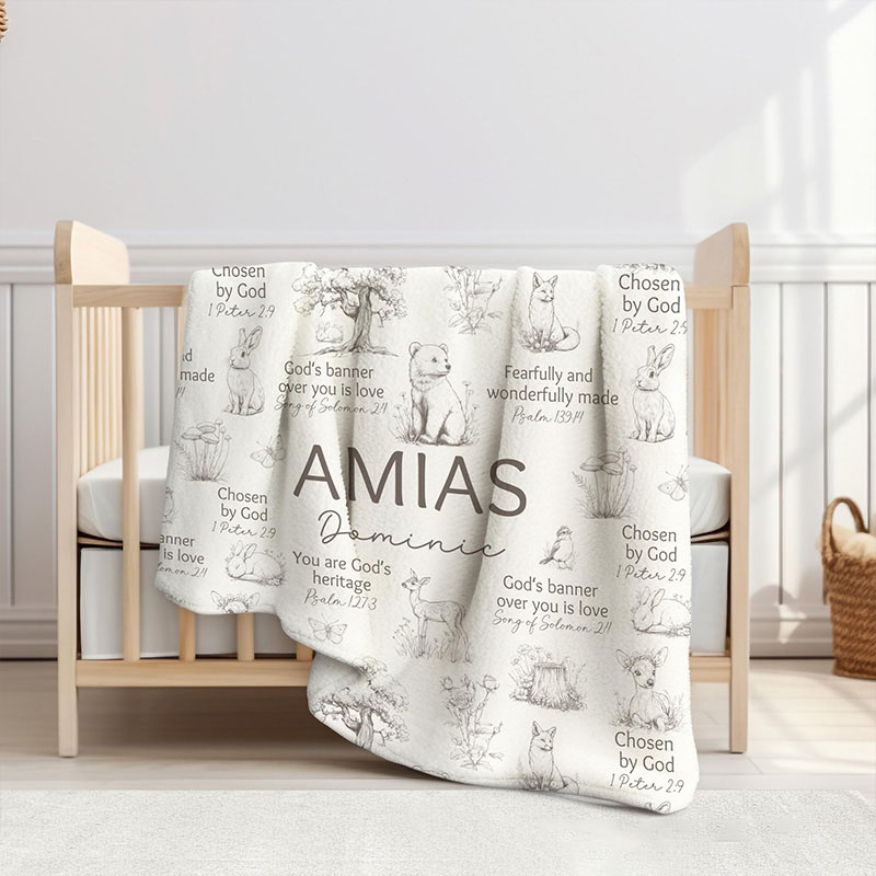 Personalized Woodland Animals Bible Verse Soft Throw Blanket with Custom Name Baby Shower Nursery Prayer Baby Gift Religious Gift for Kids