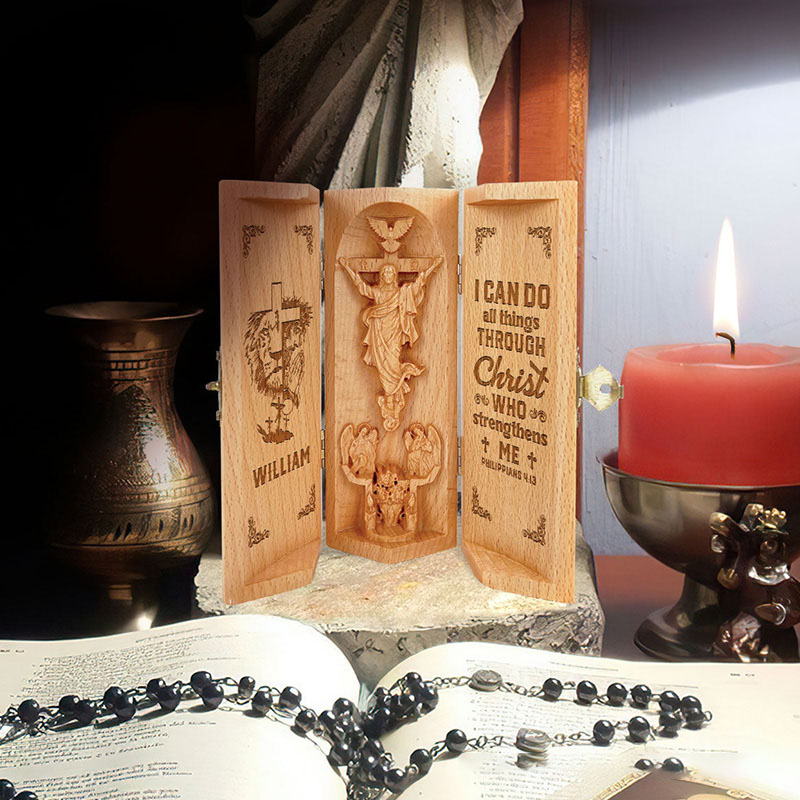 Personalized Bold Faith Strong Grace Lion of Judah Openable Wooden Cylinder Sculpture of Jesus Christ with Name Religious Gift for Christians