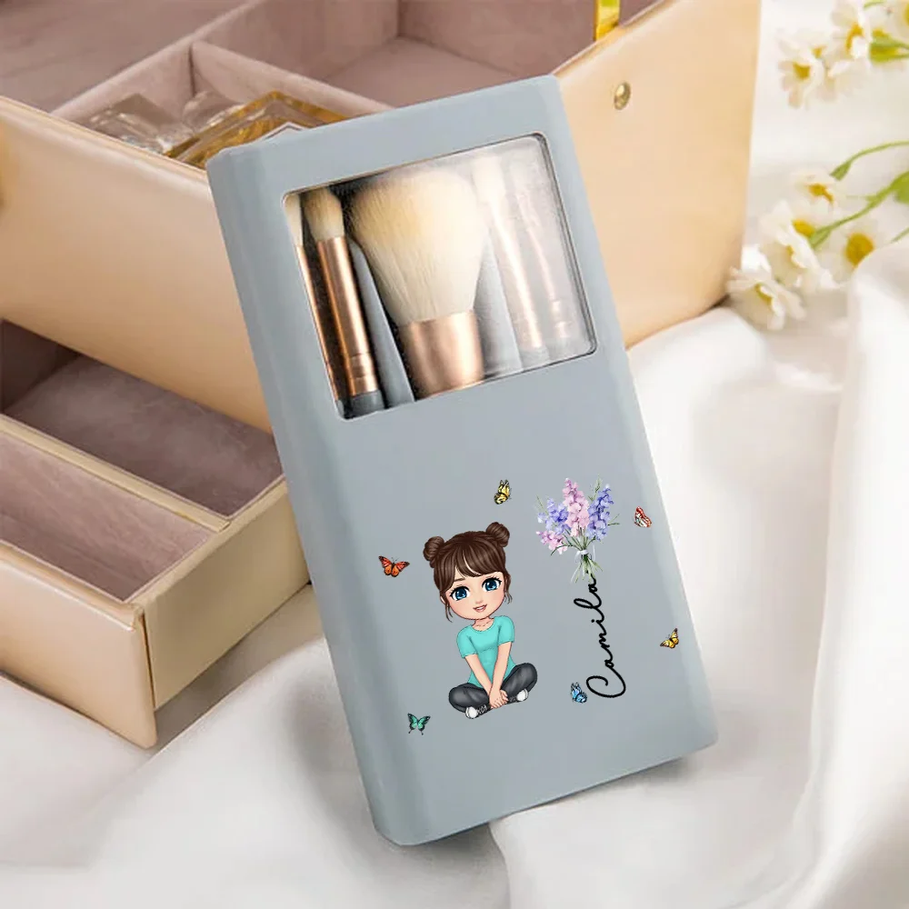 Personalized Birth Flower Bouquet Name Cartoon 5 Pcs Makeup Brush Bridesmaid Gift Storage Box Set with Mirror Birthday Bridal Shower Gift for Her