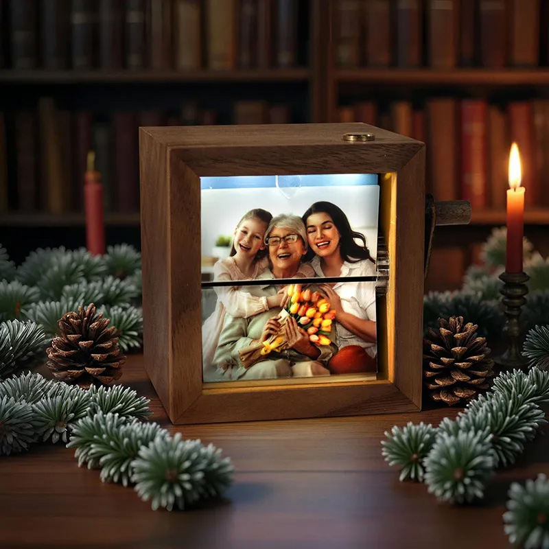 Personalized Lighted Photo Flipbook Box Hand-Cranked Wooden Memory Album Custom Photo Flipbook Frame Gift for Family