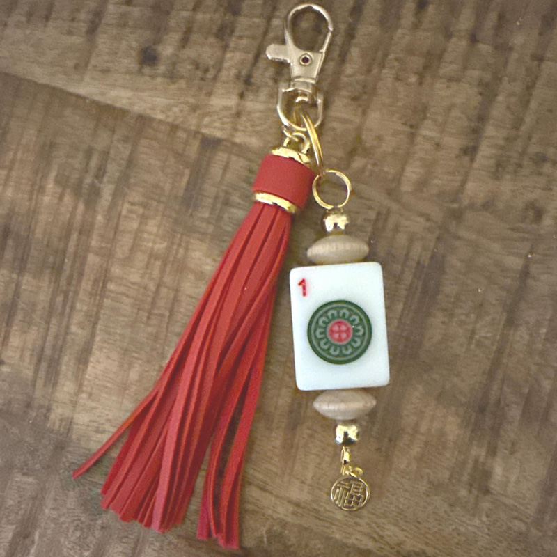 Handmade Mahjong Tile Bag Charm with Tassel Mixed Beads Mahjong Tile Keychain