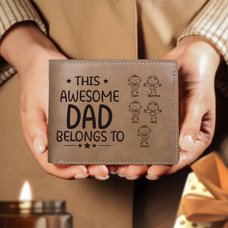 Personalised Doll Engraved Leather Men's Wallet Custome Name Folding Wallet With Kids Name for Dad Father's Day Gift