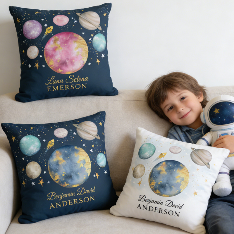 Personalized Space Galaxy Moon Star Boy Nursery  Throw Pillow Astronomy Gift for Child Nerd Geek Lover