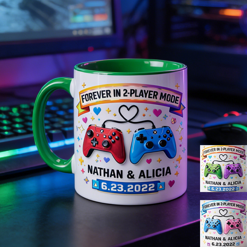 Personalized Gamer Player Two Couple Coffee Mug Gaming Controller Mug with Names and Date for Geek Lover