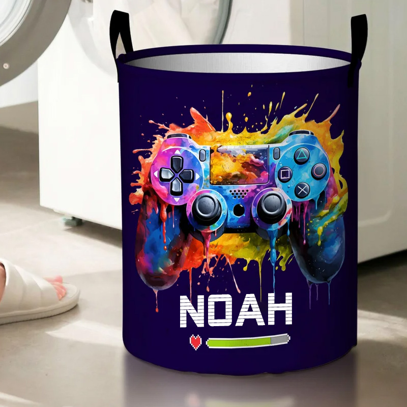 Personalized Ink Splash Game Controller Waterproof Large Laundry Basket with Name and Handle Birthday Housewarming Gift for Game Friends Geek Lover