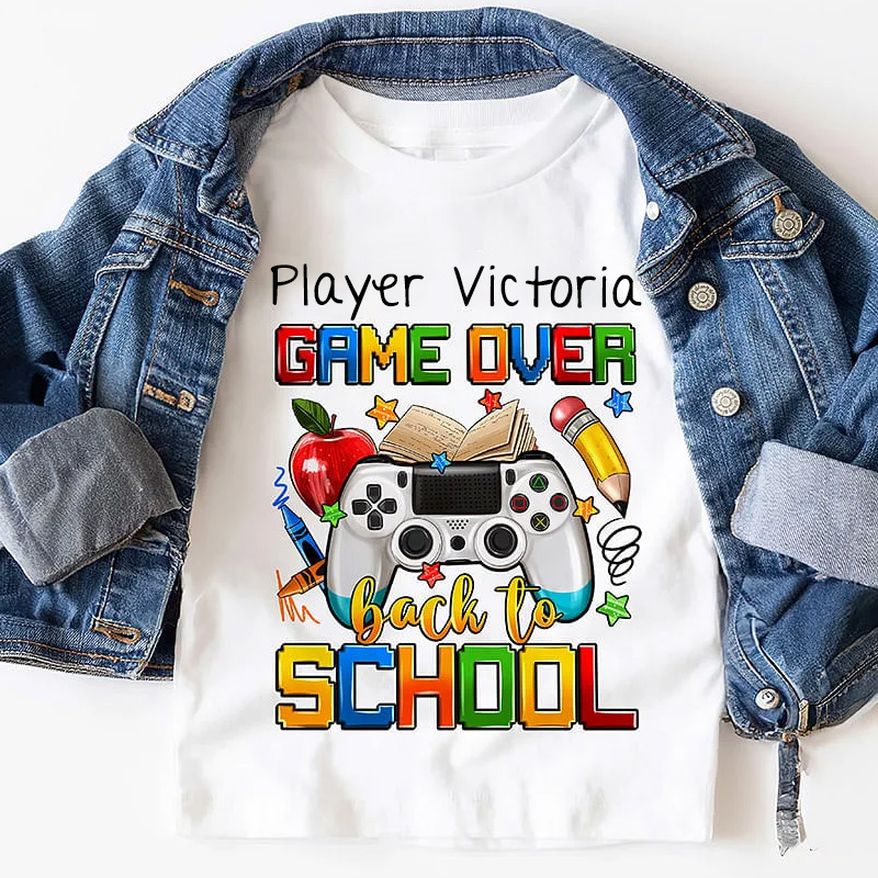 Personalized Multi-color Game Over Back To School 100 Cotton Kid T-shirt with Name School Season Gift for Girls Boys Geek Lover
