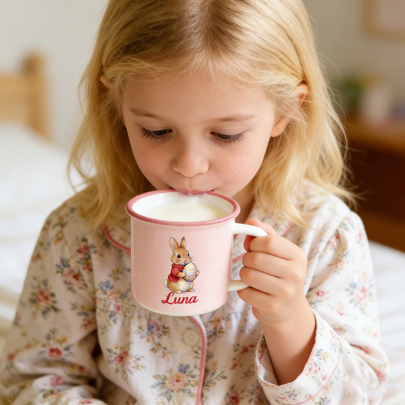 Personalized Cute Easter Egg Rabbit Bunny Enamel Mug with Name Back to School Birthday Easter Gift for Kids