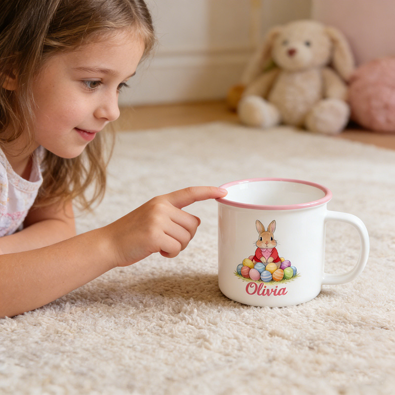 Personalized Cute Easter Egg and Rabbit Bunny Enamel Mug with Name Back to School Birthday Easter Gift for Kids