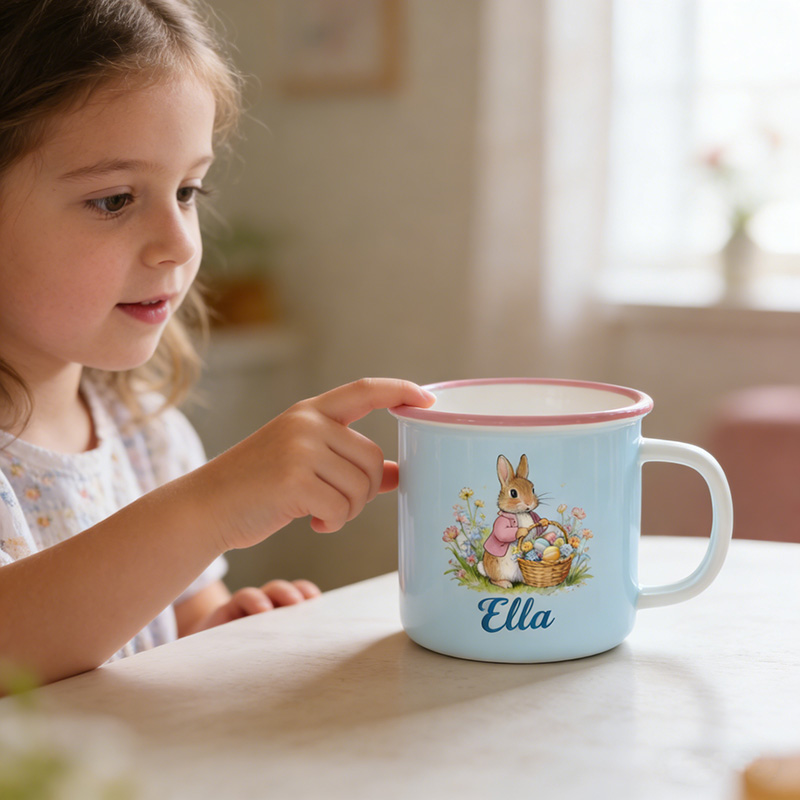 Personalized Cute Garden Easter Rabbit Bunny Enamel Mug with Name Back to School Birthday Easter Gift for Kids