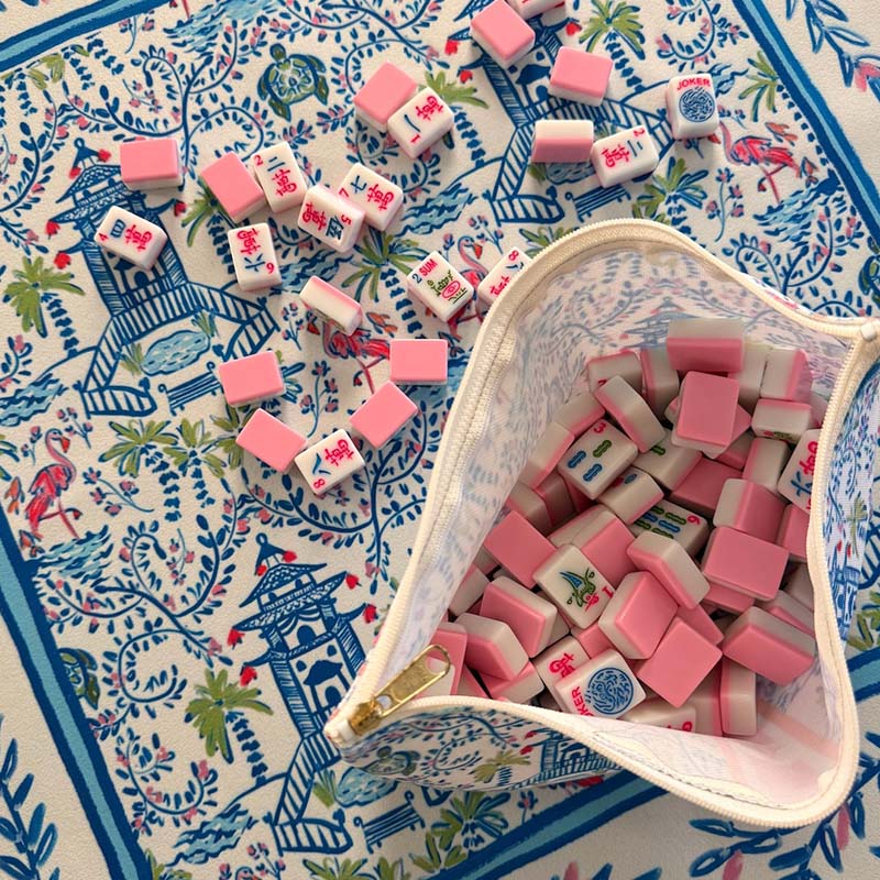 Monogrammed Mahjong Tile Bag Chinoiserie Travel Pouch Pagoda Print