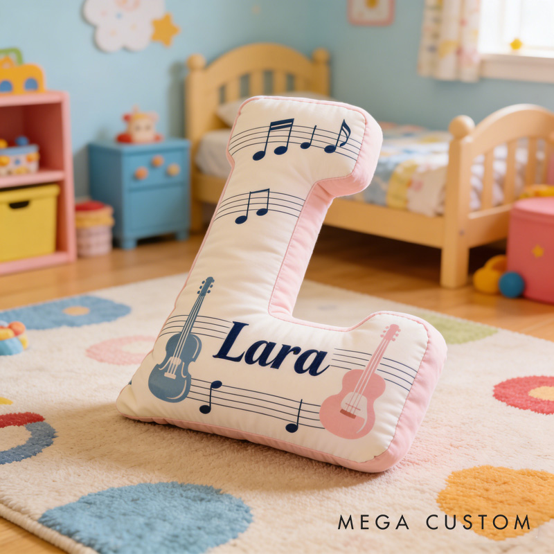 Personalized Colored Guitar Sheet Music Letter Pillow with Name Soft Stuffed Toy for Kids Music Lovers Unique Decorative Cushion for Girls' Room