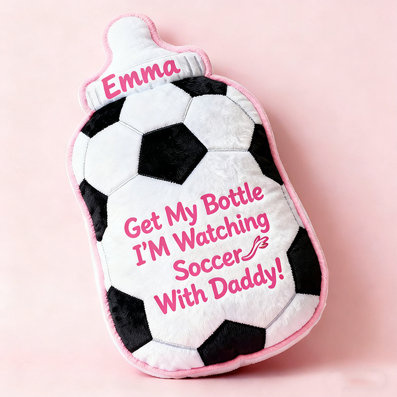 Personalized Soccer Bottle Name Custom Baby Gift Blue Pink Fun Sports Watching Soccer With Daddy Soft Decorative Graphic 3D Print Pillow
