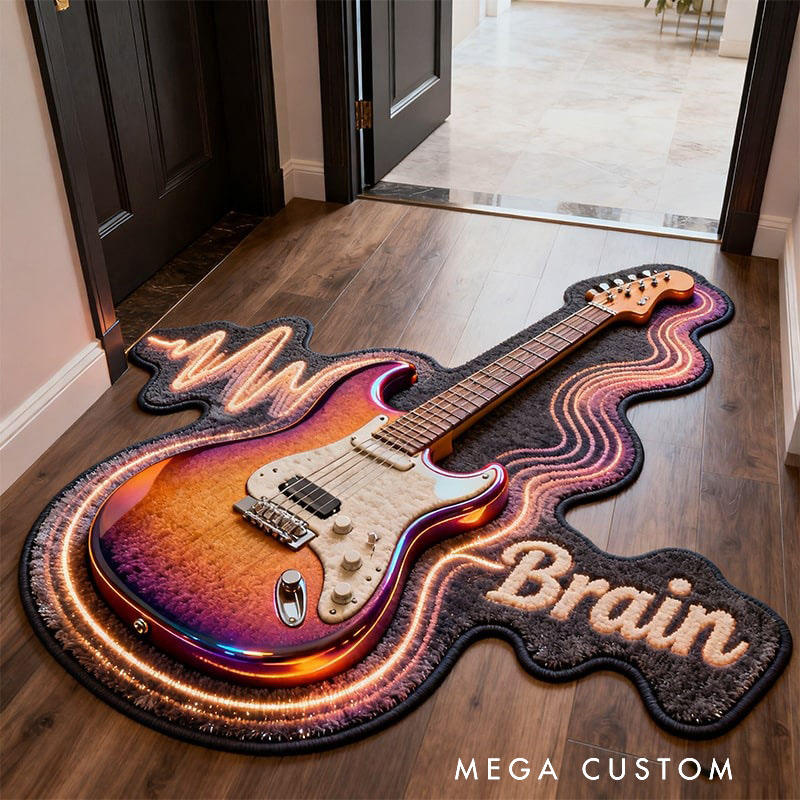 Personalized Guitar Sound Wave Pattern Rug with Your Name for Music Lovers Unique Decorative Carpet for Room and Music Studio