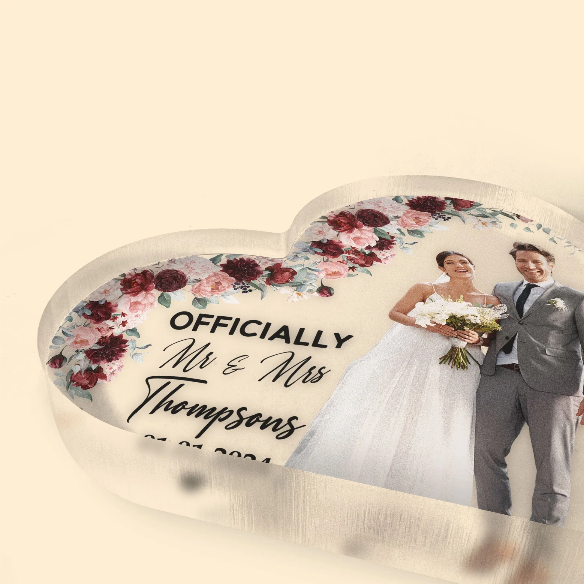 Personalized Heart-Shaped Acrylic Wedding Gift Keepsake with Custom Names and Date