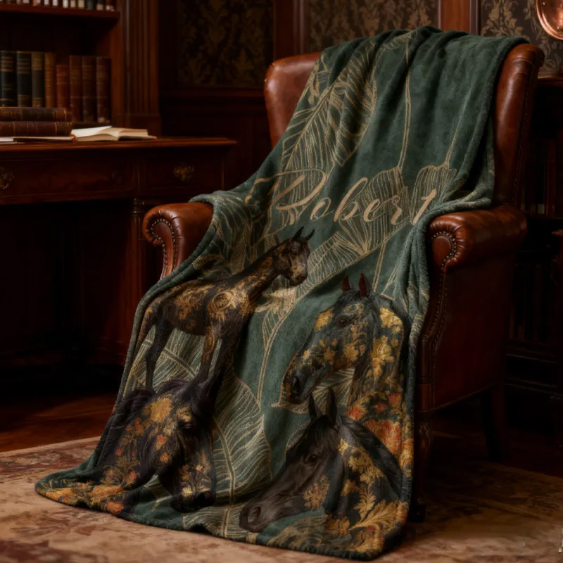 Personalized Riding Golden Leaves Blanket Equestrian Horse Custom Name Festive Flower Decor with French Countryside Gifts Family Blanket for Riding Lovers Equestrian Lovers