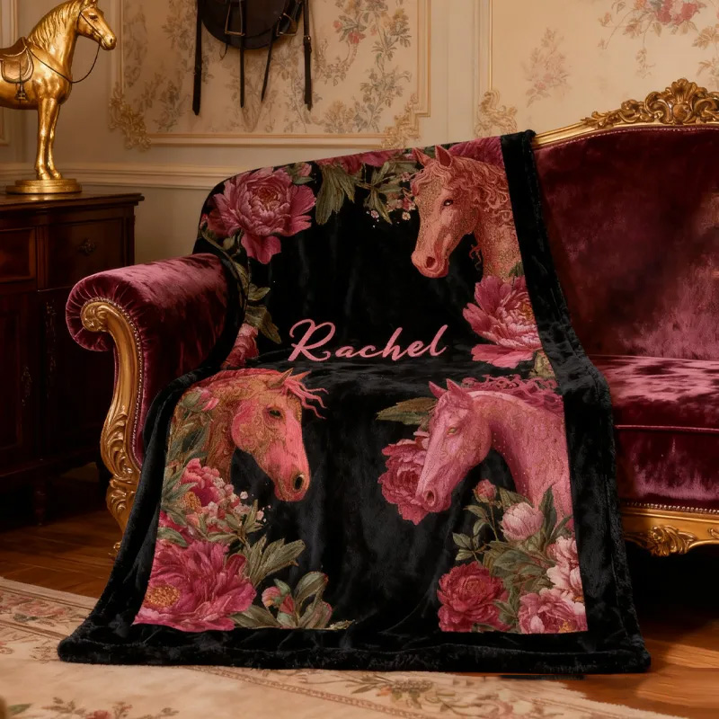Personalized Riding Floral Blanket Equestrian Horse Custom Name Festive Flower Decor with French Countryside Gifts Family Blanket for Riding Lovers Equestrian Lovers