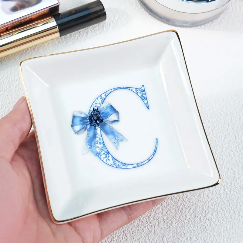 Personalized Blue Bow Horse Toile De Jouy Initial Ceramic Trinket Jewelry Dish Daily Use Birthday Gift for Girls Women Riding Lovers