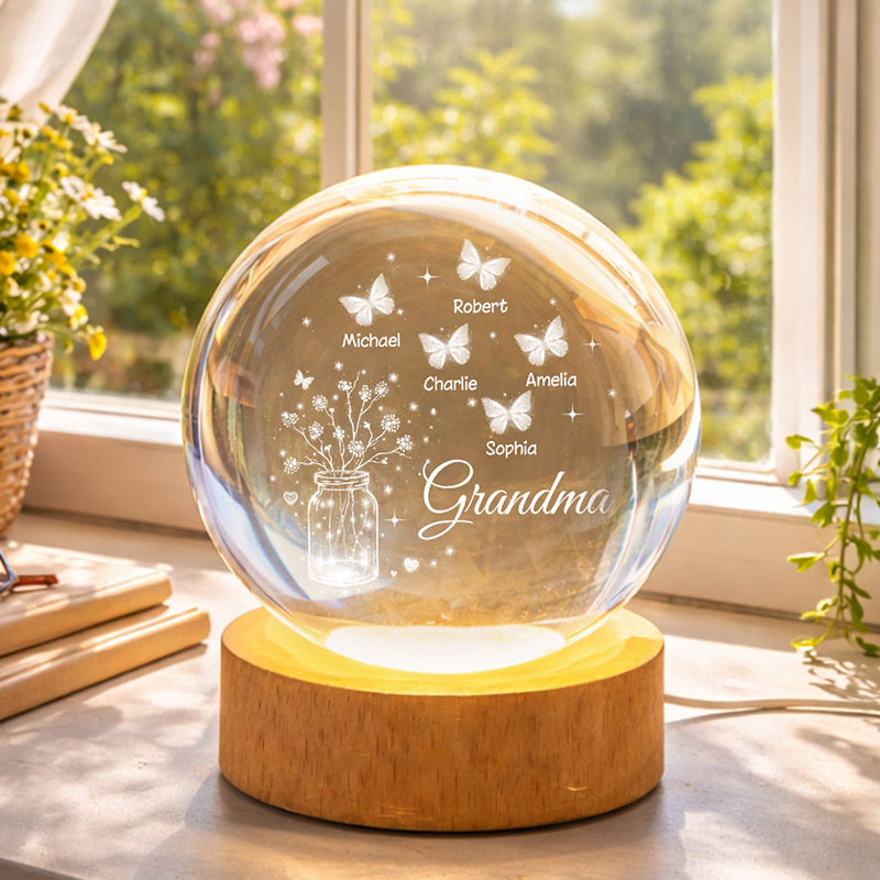 Personalized Grandma Butterfly Flower Jar Crystal Ball LED Night Light Birthday Mother's Day Gift for Grandma