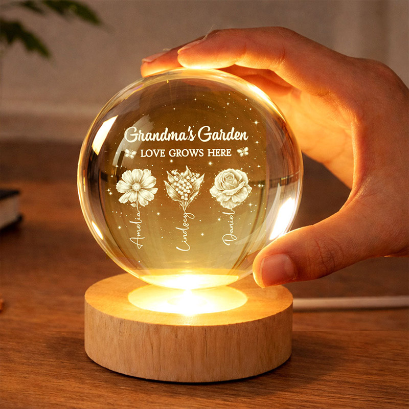 Personalized Grandma's Garden 3D Effect Birth Month Flowers Crystal Ball LED Night Light Birthday Mother's Day Gift for Grandma