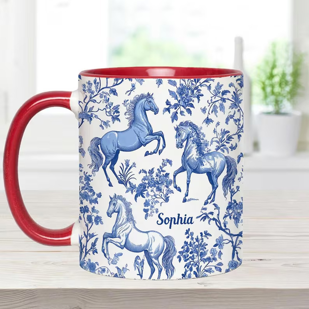Personalized Multicolor Equestrianism Pattern Ceramic Coffee Mug with Text and Coaster Anniversary Birthday Gift for Equestrians Cowgirls Riding Lovers