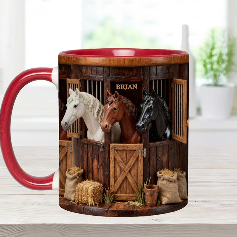Personalized Horse Farm Accent Mug Horses In Stable Ceramic Cup Gift for Equestrian Horse Riding Lovers