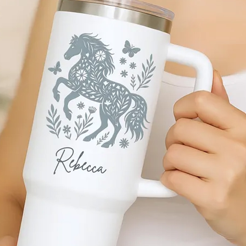 Personalized Floral Horse Tumbler Western Cowgirl Cup with Handle Custom Equestrian Gift for Riding Love