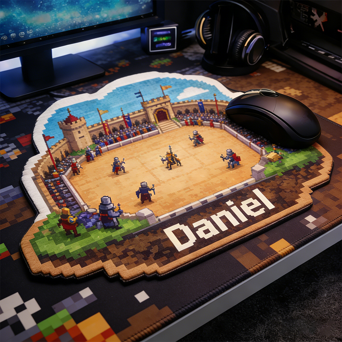 Personalized Custom Pixel Art Medieval Jousting Mouse Pad Personalized Retro Gaming Desk Mat Castle Knight Gamer Accessory