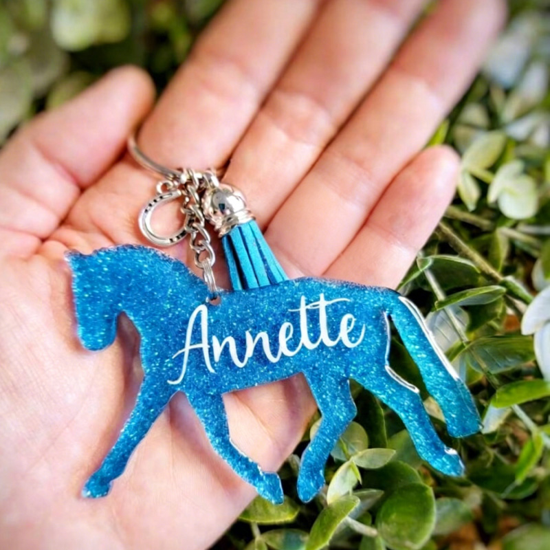 Personalized Dressage Horse Glitter keychain Gift for Equestrian Riding Lovers