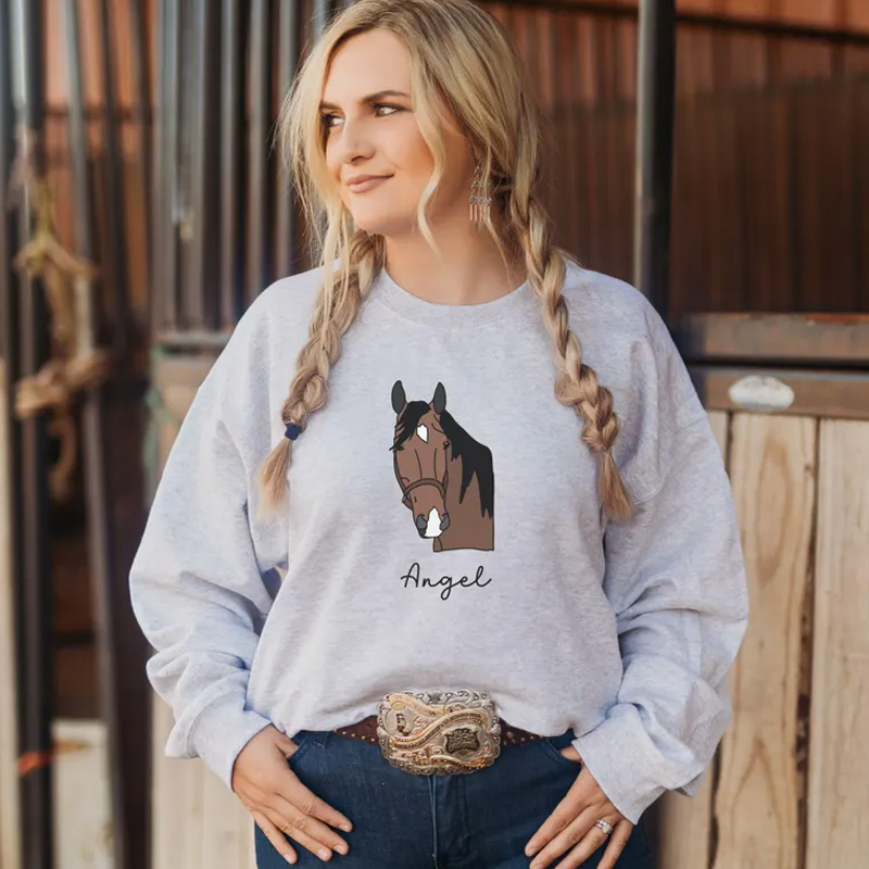 Personalized Horse Photo Line Drawing Sweatshirt Crewneck Equestrian Shirt Horseback for Riding Lovers