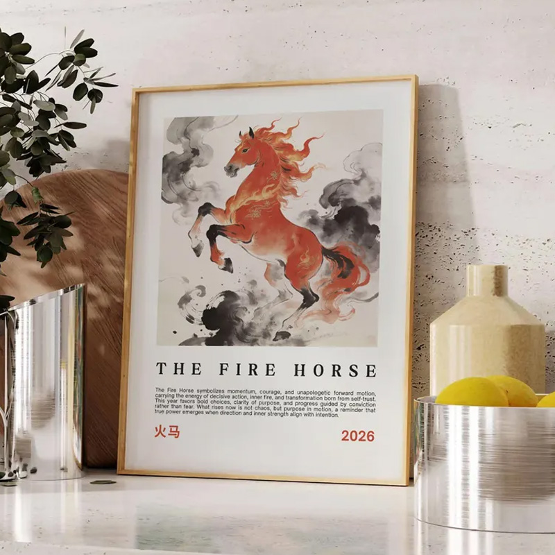 Personalized Chinese Zodiac Poster Fire Horse Print Portrait Equestrian Art Print Wall Decor Home Decor Gift for Riding Lover