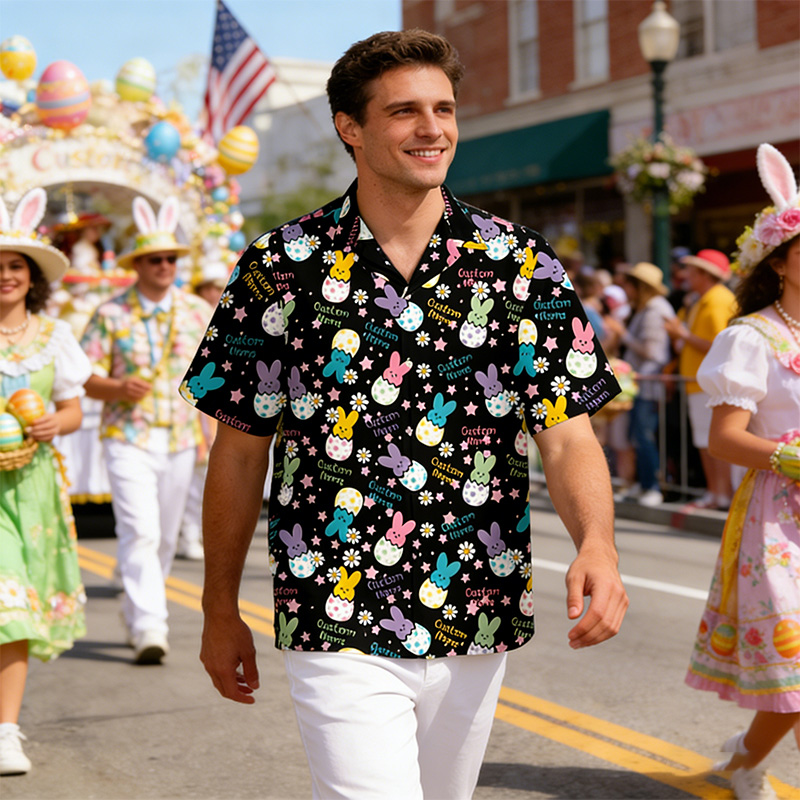 Personalized Easter Bunny Hawaiian Shirt with Name Custom Bunny Egg Shirt for Men Cute Spring Floral Rabbit Pattern Easter Gift for Husband Boyfriend