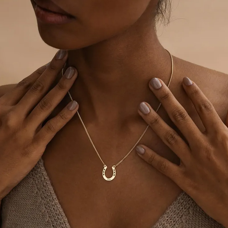 Personalized Horseshoe Charm Necklace with Name Jewelry Cube Gift for Equestrian Riding Lovers