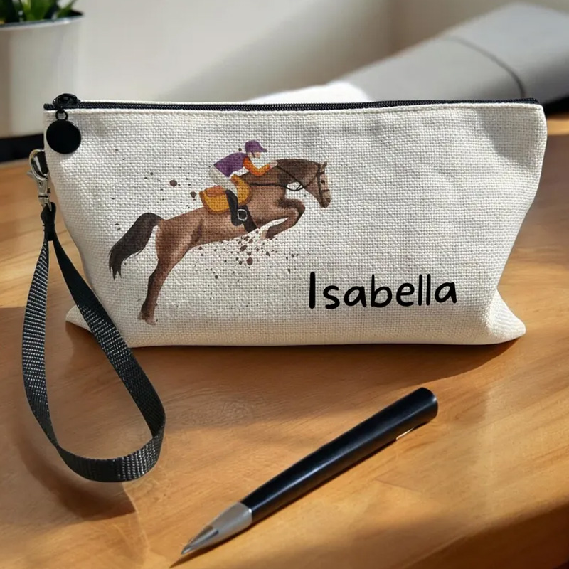 Personalized Brown Horse Makeup Bag Pencil Case Equestrian Cosmetic Bag Horse Lover Gift Linen Zipper Pouch for Riding Lovers
