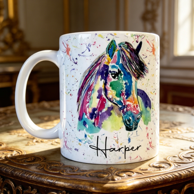 Personalized Rainbow Horse Mug French Countryside Coffee Cup Ceramic Mug Gift for Riding Lovers Equestrian Lovers