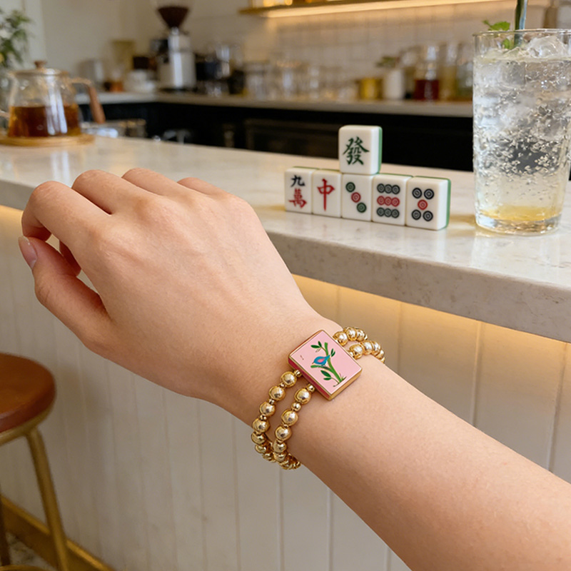 Mahjong 2 Row Ball Bead Stretch Bracelet in Shiny Gold