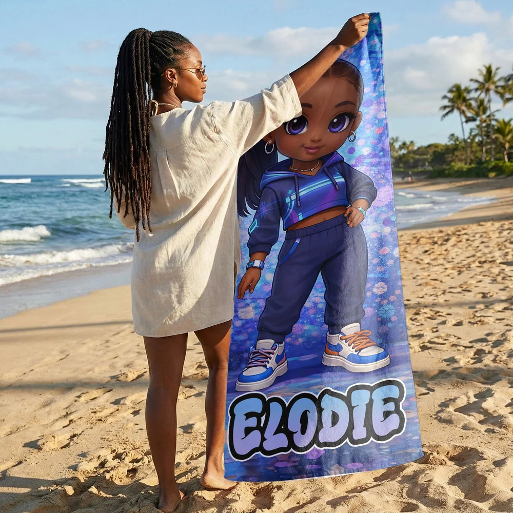 Personalized Cartoon Black Girl Quick Dry Oversized Beach Towel with Name Beach Party Birthday Gift for Girl 