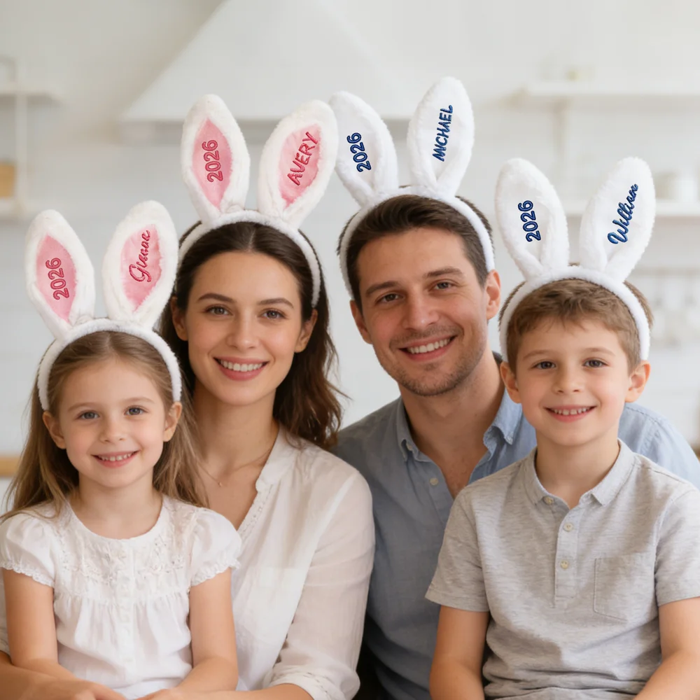 Personalized Cute Rabbit Ears Hairband with Embroidery Name and Year Easter Party Birthday Gift for Kids