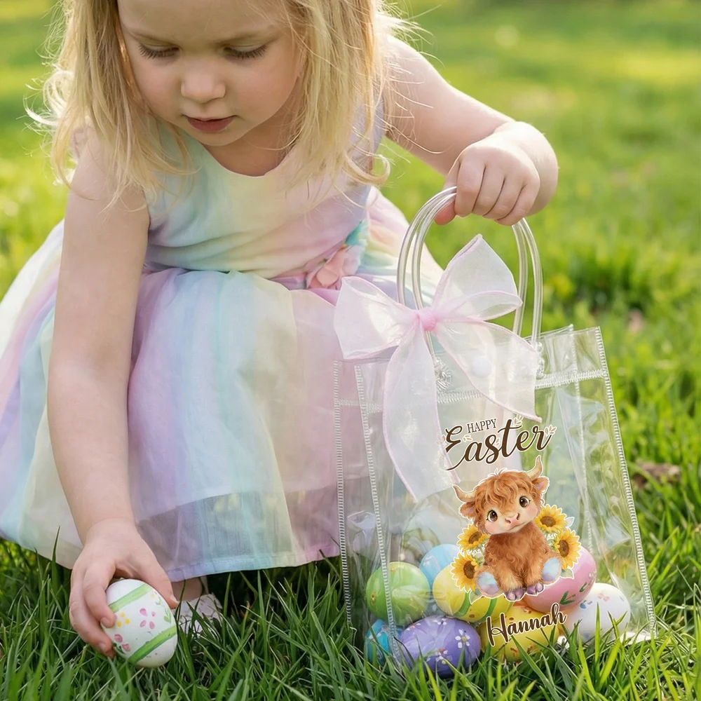 Personalized Floral Animals Clear Gift Bag with Name and Pink Bow Ribbon Holiday Treat Packaging Easter Party Favors Gift for Kids