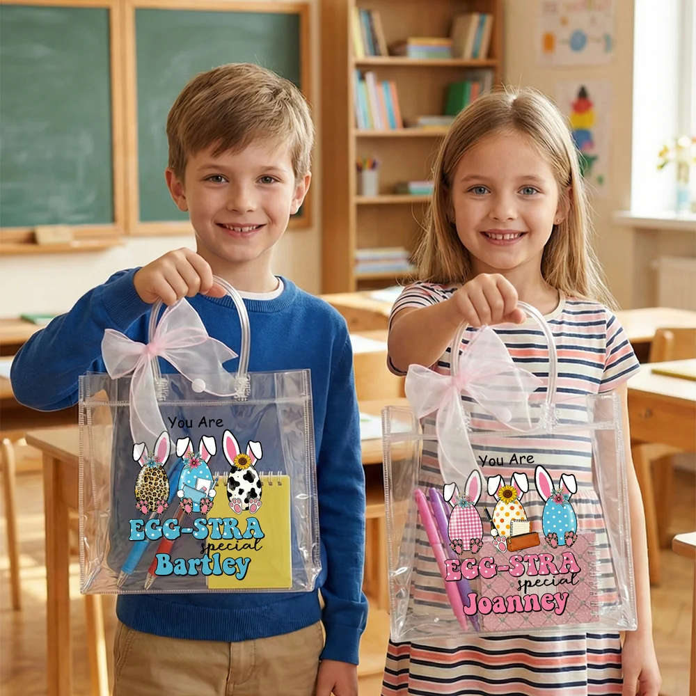 Personalized Cute Easter Eggs Clear Gift Bag with Name and Pink Bow Ribbon Easter Party Favors Gift for Kids